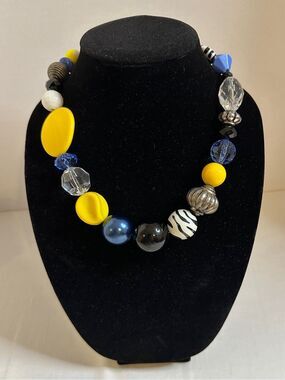Chunky Blue and Yellow Beaded Statement Necklace with Toggle Clasp